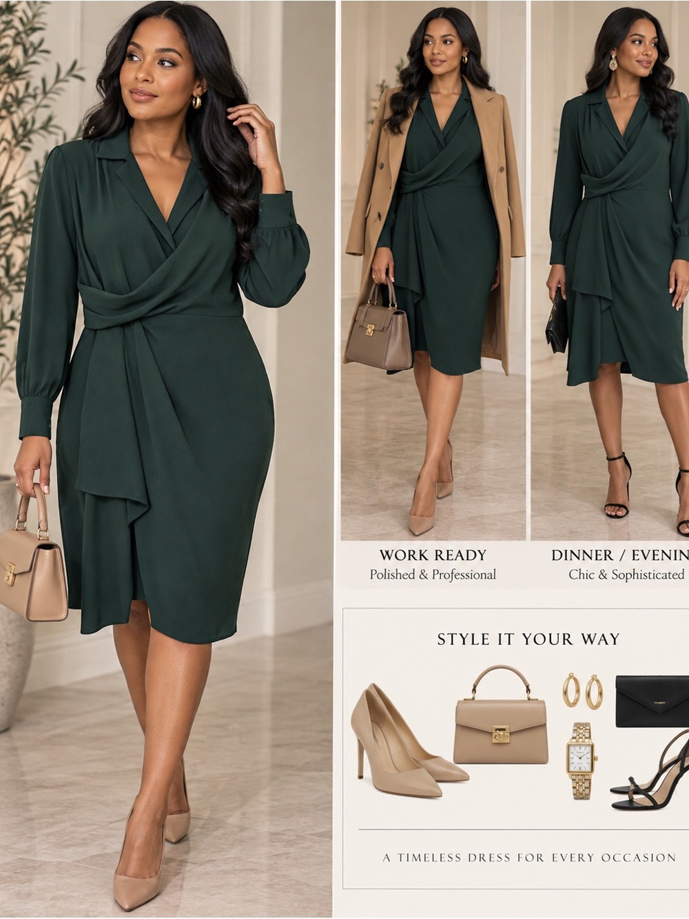 Calvin Klein Dark Green Wrap Midi Dress